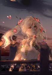 1girl absurdres arms_at_sides artist_request bare_arms bare_shoulders blush breasts brown_eyes capelet cleavage dress eyelashes falling_petals female_focus female_robin_(fire_emblem) female_robin_(valentine)_(fire_emblem) fire_emblem fire_emblem_awakening fire_emblem_heroes floating_hair flower hair_flower hair_ornament halterneck happy highres long_dress long_hair looking_at_another looking_to_the_side medium_breasts neck nintendo official_alternate_costume outdoors parted_lips petals rope_belt sidelocks sky sleeveless sleeveless_dress smile spaghetti_strap standing swept_bangs turning_head twilight twintails upper_body white_hair