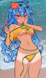 1girl ark_evil02 bao_(vtuber) beach bikini brazilian_miku_(cosplay) indie_virtual_youtuber ocean swimsuit tan tanline