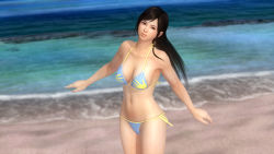 1girl 3d beach bikini black_eyes black_hair breasts cleavage dead_or_alive dead_or_alive_5 female_focus kokoro_(doa) long_hair lowres navel ocean official_art solo swimsuit tecmo