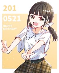 1girl :d animification blunt_bangs brown_skirt commentary dated double_v happy_birthday highres kanduki_kamibukuro long_hair low_twintails nirei_nozomi open_mouth plaid_clothes plaid_skirt real_life shirt short_sleeves sidelocks skirt smile solo twintails v voice_actor white_shirt