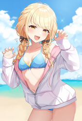 1girl bikini black_bow blonde_hair blue_bikini blush bow braid breasts fujita_kotone gakuen_idolmaster highres idolmaster jacket long_hair long_sleeves looking_at_viewer medium_breasts navel open_mouth outdoors partially_unzipped sakura_ran smile solo swimsuit white_jacket yellow_eyes