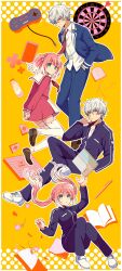 1boy 1girl absurdres arm_up arms_behind_back black_jacket black_pants blue_eyes blue_jacket blue_pants brown_shoes closed_mouth collared_shirt dress dress_shirt flower green_eyes hair_between_eyes hair_flower hair_ornament hand_in_pocket highres hiiragi_nana jacket loafers long_sleeves multicolored_hair munou_na_nana neckerchief necktie onodera_kyouya open_clothes open_jacket pants pink_dress pink_hair red_neckerchief red_necktie sailor_collar sailor_dress school_uniform shirt shoes short_dress short_hair smile thighhighs track_jacket track_pants twintails two-tone_hair white_flower white_hair white_sailor_collar white_shirt white_sneakers white_thighhighs wing_collar yellow_background yukisa zettai_ryouiki