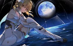 1girl bare_shoulders blonde_hair boots closed_mouth commentary commentary_request detached_sleeves dress flower genshin_impact hair_between_eyes hair_flower hair_ornament highres knees_up looking_at_viewer lumine_(genshin_impact) nakura_hakuto planet red_scarf scarf short_hair_with_long_locks sitting sky solo star_(sky) starry_sky thigh_boots wading white_dress white_flower white_scarf yellow_eyes