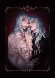 2boys 632698090 absurdres alternate_costume androgynous blood blood_on_body blood_on_clothes blue_eyes blue_hair border casual dark drill_hair drill_sidelocks dual_persona eyelashes french_text hair_over_one_eye highres jewelry lipstick long_hair long_sleeves looking_at_viewer makeup mole mole_under_eye multiple_boys neck_ring parted_lips pisces_aphrodite puffy_long_sleeves puffy_sleeves purple_eyes red_background ringlets saint_seiya saint_seiya:_legend_of_sanctuary sample_watermark shirt sidelocks trap watermark white_shirt
