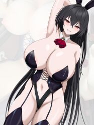 1girl absurdres alternate_costume animal_ears areola_slip arm_behind_head arm_up armpits ascot azur_lane bare_shoulders black_corset black_garter_straps black_hair black_leotard black_thighhighs blush breasts cleavage corset cross-laced_clothes detached_collar dutch_angle fake_animal_ears garter_straps hair_between_eyes highres huge_breasts kuro_hopper leotard long_hair looking_at_viewer navel playboy_bunny rabbit_ears red_ascot red_eyes simple_background smile solo taihou_(azur_lane) thighhighs thighs very_long_hair white_background zoom_layer