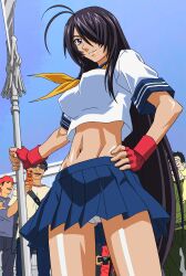 1girl blue_eyes breasts crowd fingerless_gloves game_cg gloves hair_over_one_eye hand_on_own_hip highres ikkitousen kan&#039;u_unchou large_breasts legs long_hair looking_at_viewer midriff model modeling navel panties parted_lips polearm purple_hair red_eyes school_uniform seductive_smile skirt smile spear thighs toned underwear very_long_hair weapon white_panties yabusame