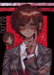 1girl black_jacket blush brown_eyes brown_hair chibi chibi_inset collared_shirt earrings grid_background hand_on_own_arm highres hoop_earrings index_finger_raised jacket jewelry k1ui1 lcb_uniform_(project_moon) limbus_company necktie outis_(project_moon) outline partially_shaded_face project_moon red_necktie red_outline shirt short_hair smirk solo sparkle upper_body white_shirt