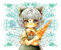 Rule 34 | 1girl, bad id, bad pixiv id, blue eyes, blue hair, bow, cirno, female focus, food, hair bow, matching hair/eyes, popsicle, short hair, solo, souri, embodiment of scarlet devil, touhou, watermelon bar, wings