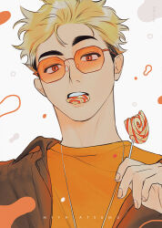 1boy akuitou black_hair black_jacket blonde_hair candy character_name collared_jacket commentary eating food food_in_mouth glasses haikyuu!! holding holding_candy holding_food jacket jewelry lollipop looking_at_viewer male_focus miya_atsumu necklace open_clothes open_jacket orange-tinted_eyewear raised_eyebrow rimless_eyewear short_hair solo swirl_lollipop symbol-only_commentary thick_eyebrows tinted_eyewear upper_body wing_collar
