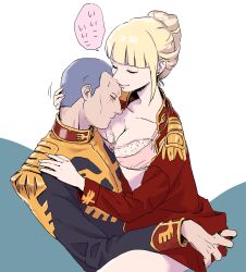 1boy 1girl absurdres blonde_hair bra breasts cecilia_irene closed_eyes closed_mouth gihren_zabi gundam gundam_gquuuuuux highres hug jacket large_breasts lipstick makeup military military_uniform no_pants open_clothes open_jacket purple_hair shiotan_(dokata_s) short_hair sitting sitting_on_lap sitting_on_person speech_bubble underwear zeon
