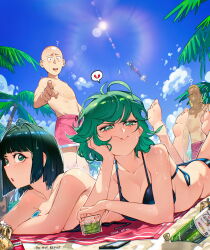 Rule 34 | 2girls, 3boys, artist name, bare shoulders, beach, bikini, blue sky, blush, breasts, cesar art456, cloud, collarbone, commentary request, curly hair, day, fubuki (one-punch man), genos, green eyes, grey hair, highres, king (one-punch man), large breasts, multiple boys, multiple girls, one-punch man, saitama (one-punch man), short hair, sky, swimsuit, tatsumaki, upper body, water