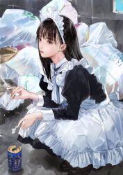 1girl apron asymmetrical_hair asymmetrical_sidelocks black_dress black_footwear black_hair bow choppy_bangs cigarette dress frilled_apron frills grey_eyes highres holding holding_cigarette kishida_mel long_hair maid maid_apron maid_headdress original squatting trash_bag white_bow