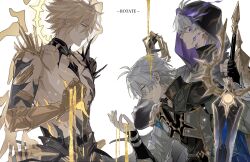 Rule 34 | 3boys, absurdres, alternate form, antenna hair, armor, bare pectorals, black choker, black cloak, black gloves, black shirt, blonde hair, blue cape, blue eyes, cape, choker, cloak, coat, commentary request, cracked skin, dark persona, dripping, fingerless gloves, flame reaver of the deepest dark, gloves, hair between eyes, halo, halo behind head, highres, holding, holding sword, holding weapon, honkai: star rail, honkai (series), hood, hood up, hooded cloak, male focus, material growth, multiple boys, multiple persona, oh qing yang, pauldrons, pectorals, phainon (honkai: star rail), shirt, short hair, shoulder armor, simple background, single glove, single pauldron, sword, torn clothes, torn shirt, watermark, weapon, white background, white coat, white hair, yellow blood, yellow eyes