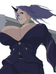 Rule 34 | black horns, breasts, cleavage, formal clothes, hair over one eye, highres, holding, holding sword, holding weapon, horns, huge breasts, looking at viewer, mattsun (lyohei), oni, open clothes, open shirt, pants, ponytail, purple hair, purple pants, purple suit, shion (tensura), single horn, standing, suit, sword, tensei shitara slime datta ken, weapon, white background