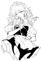 Rule 34 | 1girl, absurdres, apron, arm behind back, braid, breasts, dress, finger to mouth, gloves, hair between eyes, highres, izayoi sakuya, looking at viewer, maid, maid apron, maid headdress, medium hair, monochrome, one eye closed, risui (suzu rks), short sleeves, small breasts, smile, solo, touhou, twin braids, white background, white gloves, white sleeves
