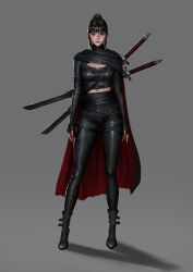 1girl absurdres belt black_cape black_hair blue_eyes breasts cape cleavage grey_background highres large_breasts leather looking_at_viewer multiple_belts multiple_swords original red_cape sword weapon wooywooy