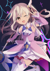 1girl akaneko016 ascot bare_shoulders blush boots breasts detached_sleeves dress earrings fate/kaleid_liner_prisma_illya fate_(series) hair_ornament highres illyasviel_von_einzbern jewelry layered_skirt long_hair looking_at_viewer one_eye_closed one_side_up open_mouth pink_dress prisma_illya prisma_illya_(zwei_form) purple_skirt purple_thighhighs red_eyes sidelocks skirt small_breasts smile thigh_boots thighhighs thighhighs_under_boots wand white_footwear white_hair white_skirt