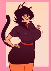 1girl absurdres alunya animal_ears belt black_dress black_hair bob_cut border breasts cat_ears cat_tail dress hand_on_own_hip hardkoba highres large_breasts leftypol miniskirt open_mouth original pink_border red_belt red_eyes skirt smirk tail thighs tooth white_background
