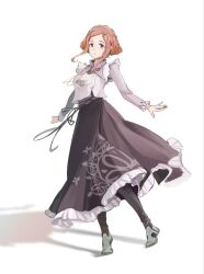 1girl :o akisukey eyelashes frills full_body grey_eyes highres jewelry kyokugen_dasshutsu kyokugen_dasshutsu_adv:_zennin_shibou_desu long_sleeves luna_(kyokugen_dasshutsu) necklace open_mouth orange_hair purple_shirt purple_skirt shadow shirt short_hair sidelocks simple_background skirt solo standing white_background white_footwear
