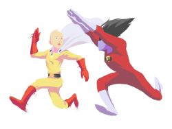 Rule 34 | 2boys, andrew parish johnston, bald, belt, black hair, blue skin, bodysuit, boots, cape, colored skin, crossover, domino mask, freakazoid, freakazoid!, full body, gloves, mask, multiple boys, one-punch man, red gloves, running, saitama (one-punch man), simple background, white background, white gloves