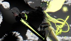 1boy alternate_form asymmetrical_dual_wielding asymmetrical_wings bag black_clover black_coat black_wings cloud coat crown demon_wings dual_wielding energy_ball expressionless facial_mark floating_crown glowing glowing_arm glowing_crown glowing_hair glowing_sword glowing_weapon glowing_wings green_eyes green_hair green_wings grey_sky holding holding_sword holding_weapon looking_at_viewer male_focus marking_on_cheek mismatched_wings mitanaartworks satchel short_hair sky solo spoilers sword weapon wings yuno_(black_clover)