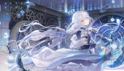 1girl argyle_clothes argyle_dress blue_dress blue_eyes blue_flower blue_ribbon blue_rose cangchen chinese_commentary clock clock_tower commentary_request commission cowboy_shot dot_nose dress expressionless eyes_visible_through_hair feathers floating_clothes floating_hair flower from_behind gears gloves gradient_hair grey_hair hair_flower hair_ornament hair_over_one_eye hair_ribbon hairclip highres indoors light_blush light_particles long_dress long_hair long_skirt looking_at_viewer looking_back low-tied_long_hair multicolored_hair night original parted_bangs parted_lips pleated_skirt ribbon rose sample_watermark skirt skirt_under_dress sleeve_cuffs solo standing tower watermark white_flower white_gloves white_hair white_rose white_skirt window