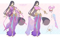 1girl absurdres anklet armlet barefoot belly_chain bracelet breasts cropped_shirt fate/grand_order fate_(series) forehead_jewel full_body highres indian_clothes jewelry large_breasts long_hair looking_at_viewer lowleg lowleg_pants midriff minamoto_no_raikou_(fate) multiple_views navel neck_ring necklace pants parted_bangs purple_eyes purple_hair purple_shirt purple_skirt reference_sheet sakuramochi1003 sash shirt short_sleeves skirt smile translation_request very_long_hair