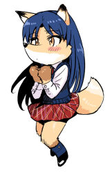 1girl blue_hair blue_sweater_vest blush brown_eyes closed_mouth fox_girl full_body furrification furry furry_female hands_up idolmaster idolmaster_(classic) kisaragi_chihaya long_hair long_sleeves red_skirt shirt shoes simple_background skirt solo sweater_vest tsurui white_background white_shirt