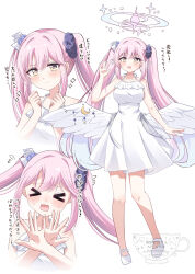 Rule 34 | &gt;:), &gt; &lt;, 1girl, :d, \||/, alternate costume, alternate hairstyle, angel wings, aqua hair, arm at side, bare arms, bare shoulders, blue archive, blunt bangs, blush, breasts, clenched hands, closed mouth, collarbone, commentary, crescent ornament, crossed hands, dress, embarrassed, eyelashes, facing viewer, feathered wings, flower, flying sweatdrops, frilled dress, frills, full body, gradient hair, hair flower, hair ornament, hair scrunchie, halo, halterneck, hand up, hands up, happy, highres, large breasts, long hair, looking at viewer, low wings, mary janes, mika (blue archive), multicolored hair, multiple views, no socks, omochi (rimulovemiku), open mouth, outstretched hand, pink hair, pink halo, purple flower, purple scrunchie, scrunchie, shoes, sidelocks, simple background, sleeveless, sleeveless dress, smile, smug, spaghetti strap, sparkle, standing, straight hair, sweatdrop, translation request, twintails, upper body, v-shaped eyebrows, very long hair, watermark, waving, wavy mouth, white background, white dress, white shoes, white wings, wings, yellow eyes