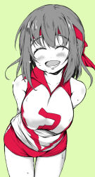Rule 34 | 1girl, absurdres, arms behind head, closed eyes, commentary, cowboy shot, facing viewer, girls und panzer, green background, headband, highres, kondou taeko, leaning forward, medium hair, open mouth, partially colored, red headband, red shirt, red shorts, shiiba aki, shirt, short shorts, shorts, simple background, single vertical stripe, sleeveless, sleeveless shirt, smile, solo, sportswear, sweat, volleyball uniform