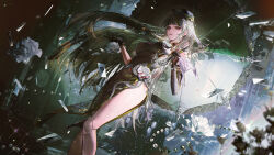 1girl absurdres alternate_costume asymmetrical_gloves black_gloves black_hair blunt_bangs breasts card china_dress chinese_clothes chinese_text dress duoqing_tie_ban_shao elbow_gloves flower gloves hat highres holding holding_umbrella lace lace_gloves lilith_(pgr) long_hair looking_at_viewer mechanical_legs medium_breasts official_alternate_costume official_art playing_card punishing:_gray_raven side_slit smile snake solo three_of_hearts umbrella very_long_hair white_flower white_snake