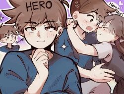 1boy 1girl =_= alternate_skin_color black_eyes black_hair black_sweater_vest blue_sweater bright_pupils brown_eyes brown_hair character_name chibi closed_mouth collared_shirt face-to-face hand_on_own_chin hatching_(texture) hero_(faraway)_(omori) hero_(omori) long_hair long_sleeves looking_at_another looking_at_viewer mari_(faraway)_(omori) mari_(omori) omori outline pasuta928008 pleated_skirt shirt short_hair skirt smile sparkle sweater sweater_vest upper_body white_outline white_pupils white_shirt wide-eyed