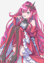 1girl absurdres baobhan_sith_(fate) baobhan_sith_(first_ascension)_(fate) bare_shoulders blush boots breasts detached_sleeves dress fangs fate/grand_order fate_(series) frilled_dress frills grey_eyes hair_ornament hand_up highres long_hair looking_at_viewer open_mouth pink_hair pointy_ears revision sitting smile solo thigh_boots wings yashipom