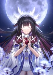 1girl apple black_hair bow bowtie closed_eyes collarbone columbina_(genshin_impact) dress feathered_wings flower food fruit full_moon genshin_impact head_wings highres holding holding_food holding_fruit long_hair moon night night_sky outdoors parted_lips pink_hair sky smile solo two_side_up very_long_hair white_bow white_bowtie white_dress white_mask wings yu_(geda4335)