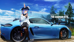 1girl animal_ear_fluff animal_ears black_shirt blue_hair blue_hat blue_necktie blue_shoes blue_sky blush braid brown_pantyhose building car carrot_hair_ornament cellphone character_name cloud collared_shirt commentary_request day ears_through_headwear food-themed_hair_ornament grey_shorts hair_ornament hat highres holding holding_phone hololive jacket long_hair long_sleeves looking_away motor_vehicle multicolored_hair necktie off_shoulder outdoors pantyhose pantyhose_under_shorts parted_lips phone porsche porsche_cayman rabbit_ears red_eyes scrunchie shirt shoes short_shorts shorts sky sleeves_past_fingers sleeves_past_wrists smartphone solo sports_car thick_eyebrows tree twin_braids twintails two-tone_hair usada_pekora virtual_youtuber white_hair white_jacket wrist_scrunchie you&#039;a