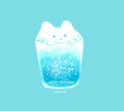 animal animated animated_gif aqua_background aqua_theme artist_name blue_theme bottle cat cup food food_focus glass milk nadia_kim no_humans original simple_background snow