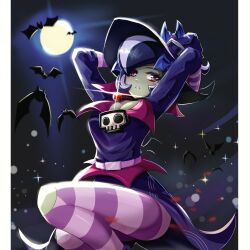 Rule 34 | 1girl, absurdres, animification, arms behind head, backlighting, bat (animal), belt, black hair, black sky, blurry, blurry foreground, breasts, cleavage, collared dress, colored skin, commentary, dress, edz drawz, english commentary, feet out of frame, from below, full moon, gem, grey skin, hair over one eye, hat, highres, immorticia (plants vs. zombies), jewelry, light particles, looking at viewer, medium breasts, moon, multicolored hair, necklace, night, outdoors, pantyhose, parted lips, pillarboxed, pink belt, pink eyes, pink pantyhose, plants vs. zombies, plants vs. zombies heroes, purple dress, purple hat, purple pantyhose, red gemstone, short hair, sideways glance, skull brooch, sky, solo, sparkle, squatting, striped clothes, striped pantyhose, torn clothes, torn pantyhose, two-tone hair, two-tone pantyhose, white hair, witch, witch hat, zom-bats (plants vs. zombies)