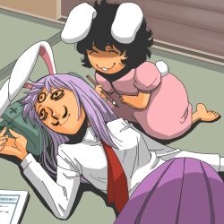 Rule 34 | 2girls, :3, animal ears, barefoot, black hair, closed eyes, closed mouth, collared shirt, commentary request, dress, facepaint, floppy ears, full body, holding, holding paintbrush, inaba tewi, indoors, long hair, long sleeves, messy hair, multiple girls, necktie, onikobe rin, paintbrush, pink dress, pleated skirt, prank, puffy short sleeves, puffy sleeves, purple hair, purple skirt, rabbit ears, rabbit girl, rabbit tail, red necktie, reisen udongein inaba, shirt, short hair, short sleeves, skirt, sleeping, smile, tail, tatami, touhou, white shirt