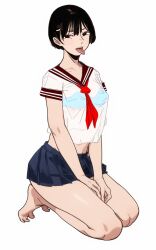 1girl absurdres aged_down alternate_hairstyle anigoka barefoot black_eyes black_skirt blue_bra bra bra_visible_through_clothes breasts contemporary dungeon_meshi full_body hair_between_eyes hair_ornament hairclip highres maizuru miniskirt navel neckerchief red_neckerchief school_uniform see-through_clothes serafuku shirt short_hair short_sleeves simple_background skirt small_breasts tongue tongue_out underwear white_background white_shirt