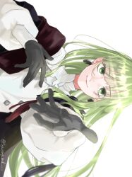 Rule 34 | 1other, artist name, closed mouth, earrings, enkidu (fate), enkidu (fgo fes. 2025) (fate), fate/grand order, fate (series), green eyes, green hair, high collar, jewelry, light smile, long hair, long sleeves, looking at viewer, outstretched arm, puffy long sleeves, puffy sleeves, red sash, sash, sideways, simple background, solo, syurinp end, upper body, white background