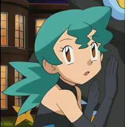 1girl aged_down bare_shoulders gen_4_pokemon gloves green_hair hands_on_another&#039;s_back jenny_(pokemon) long_glove luxray marble_(pokemon) nintendo official_alternate_costume orange_eyes pokemon pokemon_(anime) pokemon_dp059 pokemon_dppt_(anime) spandex surprised