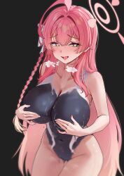 Rule 34 | 1girl, absurdres, ahoge, black background, blue archive, blush, bodypaint, bow, braid, breasts, cleavage, coke0502, collarbone, commentary, completely nude, covering breasts, covering privates, green eyes, groin, hair bow, halo, hanako (blue archive), heavy breathing, highres, huge breasts, long hair, navel, nude, open mouth, pink hair, pink halo, saliva, simple background, smile, solo, stomach, sweat, thighs, tongue, white bow
