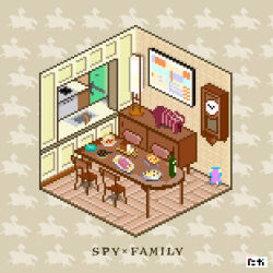 bottle brown_background chair clock copyright_name food highres indoors kenja_taka lamp no_humans pixel_art plate scenery sink spy_x_family stuffed_toy table wine_bottle