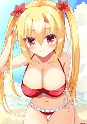 1girl absurdres adjusting_hair arihara_nanami arm_behind_back bare_arms bare_shoulders beach bikini blonde_hair blush breasts cleavage closed_mouth collarbone commentary cowboy_shot curvy day eyes_visible_through_hair flower frilled_bikini frills hair_between_eyes hair_flower hair_ornament halterneck hand_up highres large_breasts long_hair looking_at_viewer miz_awa navel ocean official_alternate_costume official_alternate_hairstyle outdoors red_bikini red_eyes red_flower riddle_joker sidelocks smile solo split_mouth straight_hair swimsuit thigh_gap twintails very_long_hair watermark