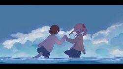1girl 1other :d ^_^ akiyama_mizuki arm_behind_back blue_skirt blue_sky brown_cardigan brown_hair cardigan closed_eyes cloud cloudy_sky collared_shirt commentary day facing_another hair_ribbon highres holding_hands kamiyama_high_school_uniform_(project_sekai) kyline leaning_back leaning_forward letterboxed long_hair long_sidelocks long_sleeves ocean open_cardigan open_clothes open_mouth outdoors pink_hair pleated_skirt pocket project_sekai red_ribbon ribbon school_uniform shinonome_ena shirt short_hair side_ponytail sidelocks skirt sky smile standing wading wide_shot