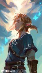 1boy artist_name belt belt_buckle blonde_hair blue_butterfly blue_sleeves blue_tunic brown_belt brown_gloves buckle bug butterfly champion&#039;s_tunic_(zelda) closed_eyes closed_mouth cloud commentary english_commentary english_text gloves insect layered_sleeves link long_sleeves male_focus nintendo outdoors patreon_logo patreon_username pointy_ears ponytail short_over_long_sleeves short_ponytail short_sleeves shoulder_belt sidelocks sky solo the_legend_of_zelda the_legend_of_zelda:_breath_of_the_wild tunic upper_body useless_elf white_sleeves