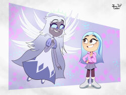 2girls absurdres andrea_davenport artist_name blue_hair blue_sclera colored_sclera commentary emily_(hazbin_hotel) english_commentary eye_contact hazbin_hotel highres joseartcentenoofficial long_hair looking_at_another multiple_girls raised_eyebrows signature the_ghost_and_molly_mcgee toon_(style) very_long_hair waving