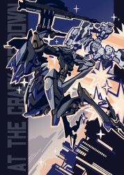 Rule 34 | armored core, armored core vi: fires of rubicon, assault rifle, blue background, building, english text, flying, full body, gun, highres, kuroihato, loader 4, mecha, mecha focus, missile pod, no humans, one-eyed, reverse-jointed legs, rifle, robot, science fiction, steel haze, thrusters, weapon