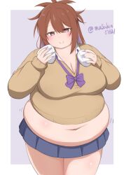 1girl belly blue_skirt blush borrowed_character bow bowtie breasts brown_hair brown_sweater cleavage colored_inner_hair eating fat fat_woman food holding holding_food large_breasts masakin midriff miniskirt muffin_top multicolored_hair navel onigiri original pink_eyes purple_hair purple_nails skirt solo spiked_hair standing sweater tight_clothes
