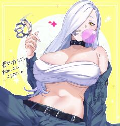 1girl absurdres bandages bare_shoulders belt blowing_bubbles blue_jacket blue_lips blue_pants brass_knuckles breasts chest_sarashi chewing_gum cleavage collar collarbone eyeliner fate/grand_order fate_(series) gauze gauze_on_cheek hair_over_one_eye highres hiyayaako jacket large_breasts long_hair long_sleeves looking_at_viewer makeup mrs._snake_(fate) navel off_shoulder pants sarashi solo thighs weapon white_hair yellow_eyes